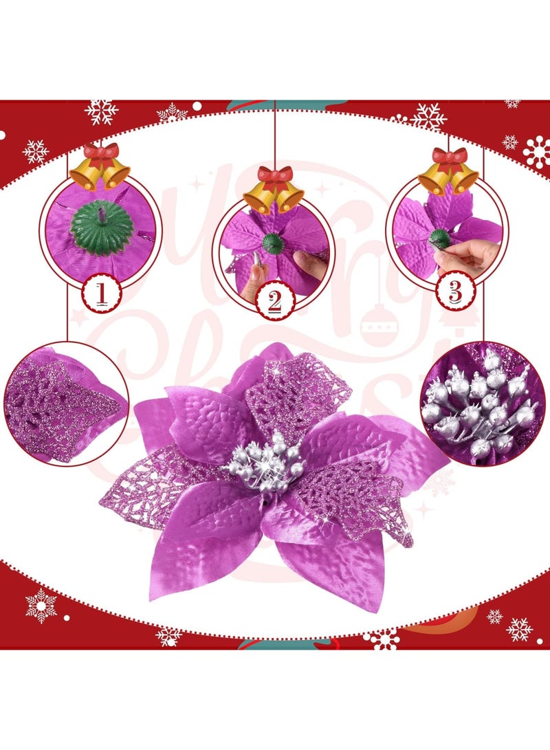 SYOSI 16 Pieces Christmas Glitter Poinsettia Faux Flowers Christmas Flowers Decorations Wedding Xmas Tree New Year Ornaments (Light Purple) - Image 4